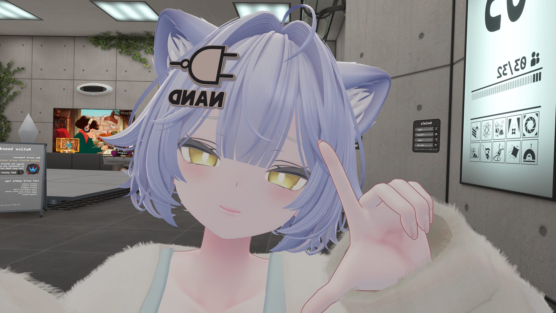 VRChat で撮影した、青紫の髪に猫耳のアバターが人差し指を立てているスクリーンショット